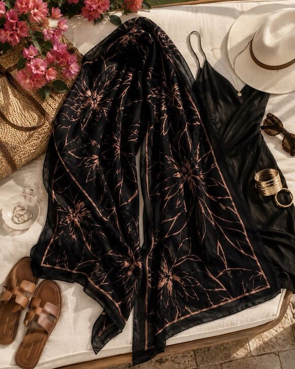 Unknown Accessories - Black Velvet Burnout Floral Shawl Sheer Wrap Boho Evening Scarf 42x42